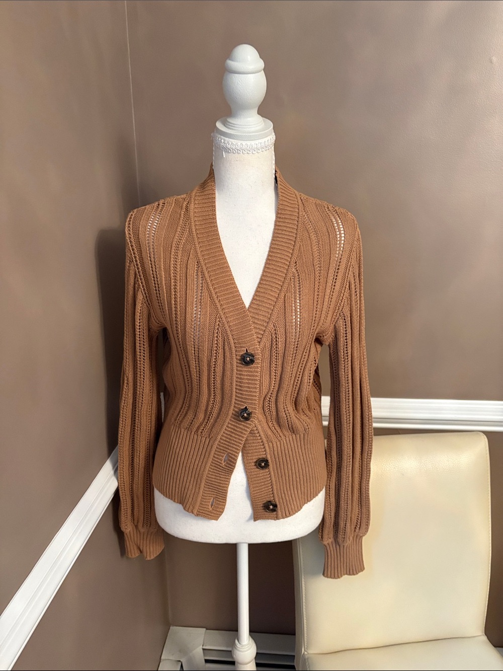 Express Ribbed Pointelle V-Neck Button-Front Cardigan in Camel